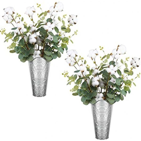 LIBWYS Galvanized Wall Planter 2 Sets and 8 Cottons Stems with Eucalyptus Metal Hanging Vase for Farmhouse Rustic Style Country Home Wall Decor