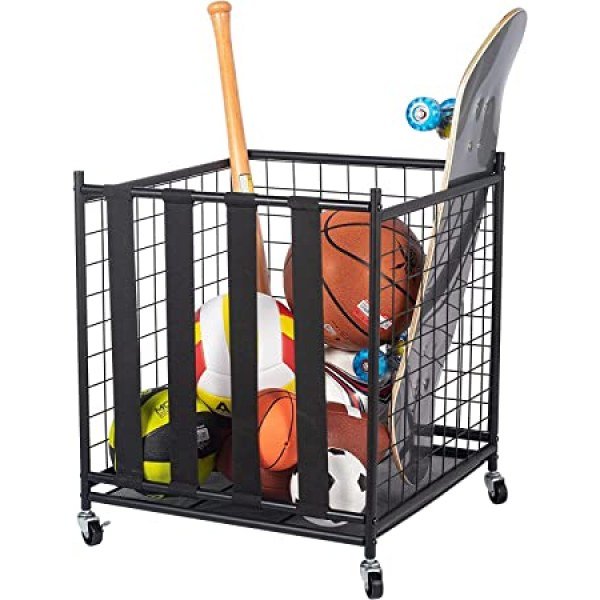 Oududianzi Ball Storage, Rolling Sport Balls Cart, Ball Organizer for Garage, Garage Organizer Sport Rack, Ball Basket Storage with Elastic Straps, Garage Sports Equipment Organizer for Kinds Balls