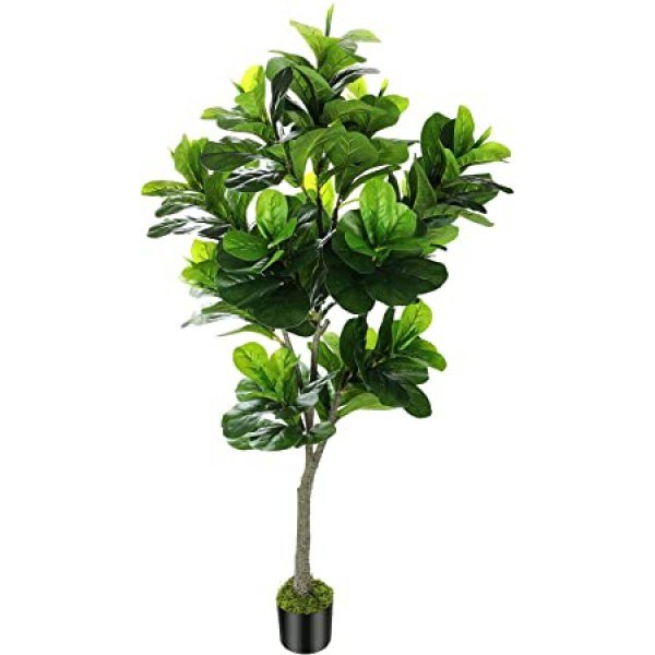 OXLLXO 6ft Full Artificial Fiddle Leaf Fig Tree (72in) with Plastic Nursery Pot Faux Tree, Ficus Lyrata Fake Plant for Office House Farmhouse Living Room Home Decor (Indoor/Outdoor)