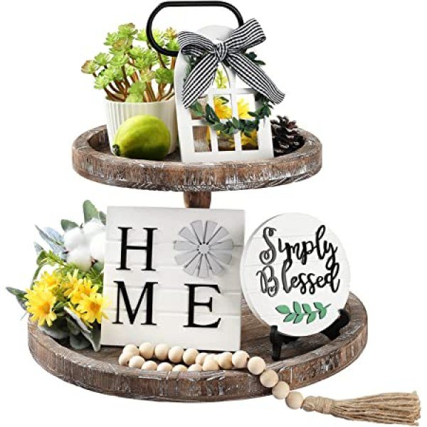 LIBWYS 4 Pcs Farmhouse Decors for Tiered Tray Farmhouse Home Decor Mini Signs Simply Blessed Home Windmill Wooden Beads Garland Rustic Kitchen Decor
