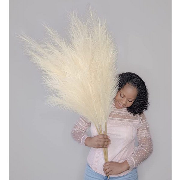 Tall Pampas Grass, 5 PC Bundle, 3.5ft/43in, Adjustable Stems, Fluffy and Large Faux Pampas Grass, Beautiful Beige Boho Decor for Home, Office, Weddings and More - Vase Filler