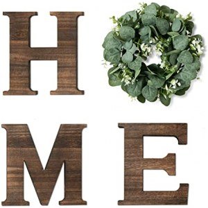 Yoleshy Wooden Home Sign with Artificial Eucalyptus Wreath for O, 9.8'' Home Letters with Wreath for Wall Hanging Decor, Rustic Wall Letters Decor for Living Room, Entry Way, Kitchen, Etc (Brown)