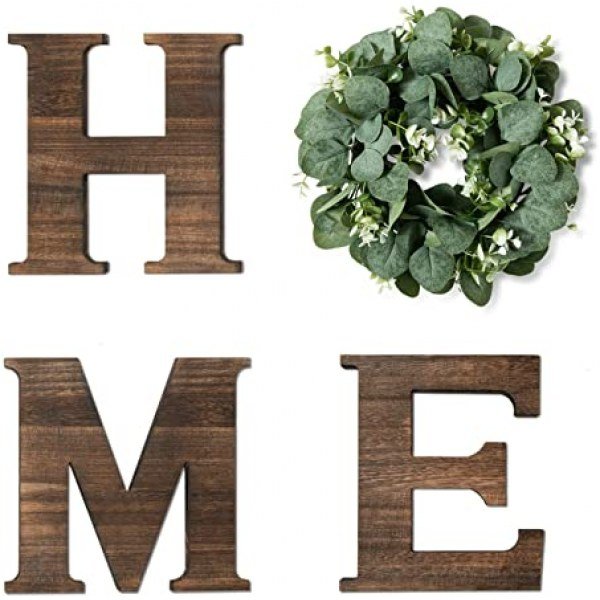 Yoleshy Wooden Home Sign with Artificial Eucalyptus Wreath for O, 9.8'' Home Letters with Wreath for Wall Hanging Decor, Rustic Wall Letters Decor for Living Room, Entry Way, Kitchen, Etc (Brown)