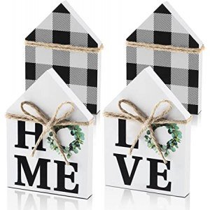 Farmhouse Home Decor Double-Sided Home Sweet Home Sign Home Tiered Tray Decorative House Wooden Plaque Love Sign Black White Buffalo Plaid Decor Rustic Farmhouse Buffalo Plaid Shelf Decor (2 Pieces)