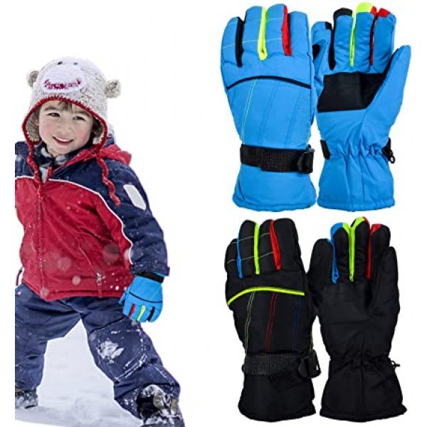 2 Pairs Winter Snow Gloves for Kids, Waterproof Snow and Ski Gloves for Outdoor Sports, Toddler Thick Warm Ski Windproof Gloves for Boys Girls