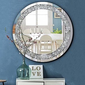 qmdecor Round Wall Mirror for Home Decoration in Crystal Crush Diamond Silver 31.5x31.5x1 inch Wall Hang Frameless Mirror Glass Diamond D?cor.