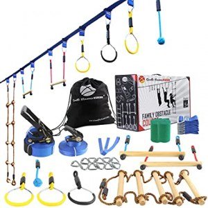 Ninja Warrior Line Obstacle Course for Kids Outside Toys -2?56ft Slackline Ninja Kit Line, Hanging Activities Accessories - Monkey Bar, Rope Ladder for Backyard Tree Training Equipment Outdoor Play