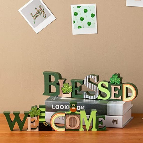 DECSPAS St Patricks Day Decorations, 2 PCS BLESSED WELCOME Wood Sign St Patricks Day Decor for the Home, Farmhouse Irish Block Indoor Table Decor, Saint Patricks Day Decorations for Fireplace, Living Room, Tiered Tray