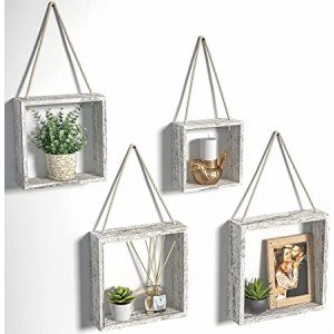 J JACKCUBE DESIGN Floating Hanging Square Shelves Wall Mounted Rustic Wood Cube Display Shelf Shadow Boxes Decorative Boho Home D?cor for Living Room, Bedroom, Office, Set of 4 (White) - MK571C