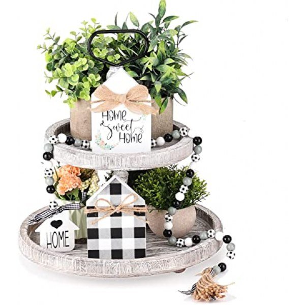 OYATON Home Sweet Home Wood Sign Decor, Plaid Wood Signs Home Decor, Rustic Farmhouse Wood Beads Garland with Tassel for Tiered Tray, Tabletop, Mantle or Shelf Decoration