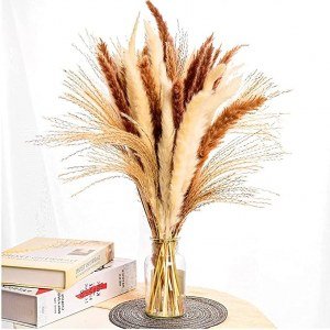 Luxury Pampas Grass Decor- 40pcs | 15pcs Brown, 15pcs Ivory & 10pc Reeds, Decor for Home Decorating, Plants Wedding Kitchen Yard, Natural Dried Pampas, Boho Home Decor, (White/ Brown)