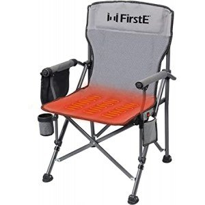 FirstE Heated Camping Chair - Heavy Duty Portable Folding Heated Chair Outdoor for Sports, Beach, Picnic. Padded USB Heated Lawn Chair with Armrest, Cup Holder, Pockets (Battery Pack NOT Included)