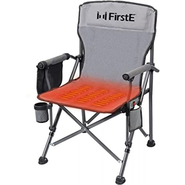 FirstE Heated Camping Chair - Heavy Duty Portable Folding Heated Chair Outdoor for Sports, Beach, Picnic. Padded USB Heated Lawn Chair with Armrest, Cup Holder, Pockets (Battery Pack NOT Included)