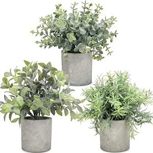 MOORLI 3 Pack Mini Potted Fake Plants Eucalyptus Rosemary Boxwood Artificial Plastic Plants for Bathroom Shelf Home Office Desk Table Decor Indoor 10"x 9"