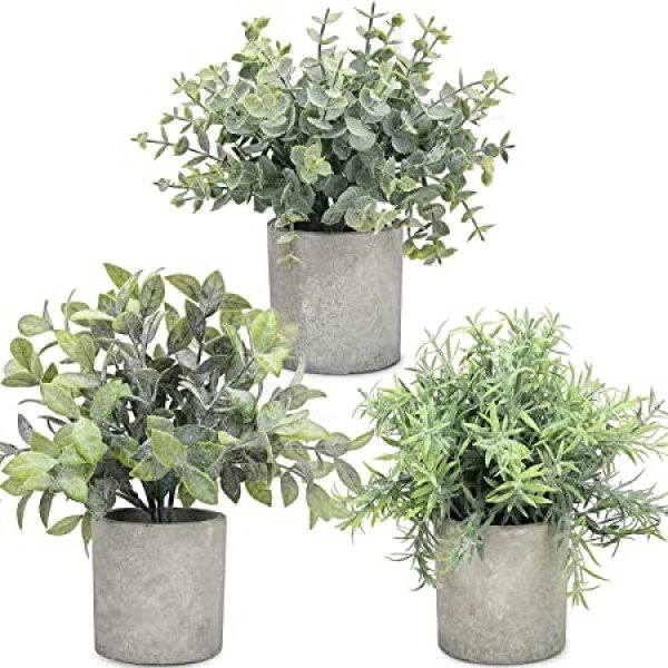 MOORLI 3 Pack Mini Potted Fake Plants Eucalyptus Rosemary Boxwood Artificial Plastic Plants for Bathroom Shelf Home Office Desk Table Decor Indoor 10"x 9"