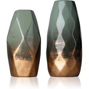 TERESA'S COLLECTIONS Modern Geometric Ceramic Vases Set of 2, Green and Gold Vase for Home Decor, Decorative Vase for Living Room, Mantel, Table, Bedroom Decoration, 7.9'' & 9.3'' Tall