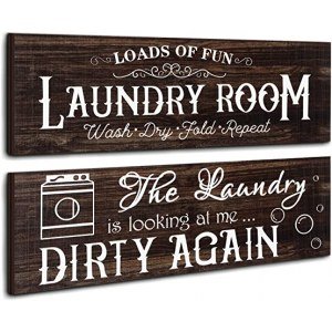 Jetec 2 Pieces Laundry Room Wooden Signs Rustic Family Farmhouse Laundry Room Wall Decor Vintage Bathroom Wall Sign Laundry Rules Hanging Printed Decor for Home Laundry Room, 13.8 x 4.7 Inch (Brown)