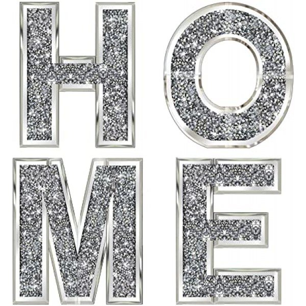 4 pcs Independent Letters Home.Glam Crystal Diamond Letters.Silver Mirror Glass Home Decoration for Wall, Fireplace, Bookshelf and Table.