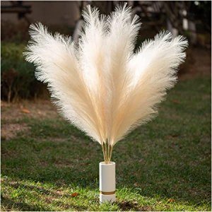 QUTOD Faux Pampas Grass Tall, 45"/115cm(Cream/ Beige Color) Set of 4 Artificial Fake Pampas Grass Large Fluffy Stems, Vase Filler for Home, Outdoor or Boho Decor