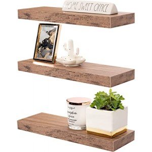 Sorbus Floating Shelf Set ? Rustic Wood Hanging Rectangle Wall Shelves ? Perfect for Home D?cor, Trophy Display, Photo Frames, and More (3-Pack, Mahogany)