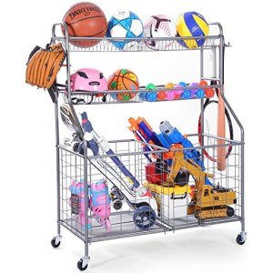 WEYIMILA Sports Storage Organizer for Garage, Ball Storage Garage with Baskets and Hooks, Rolling Sports Equipment Storage Cart with Wheels, Basketball Racks, Garage Sports Equipment Organizer