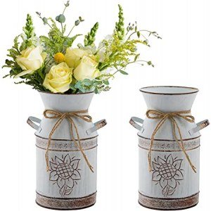 TOPZEA 2 Pack Shabby Chic Milk Can Vase, Galvanized Metal Milk Can Vase Rustic Flower Vase Decorative Milk Jug Bottle for Flower, Farmhouse Home Decor for Living Room, Bedroom, Office, Wedding