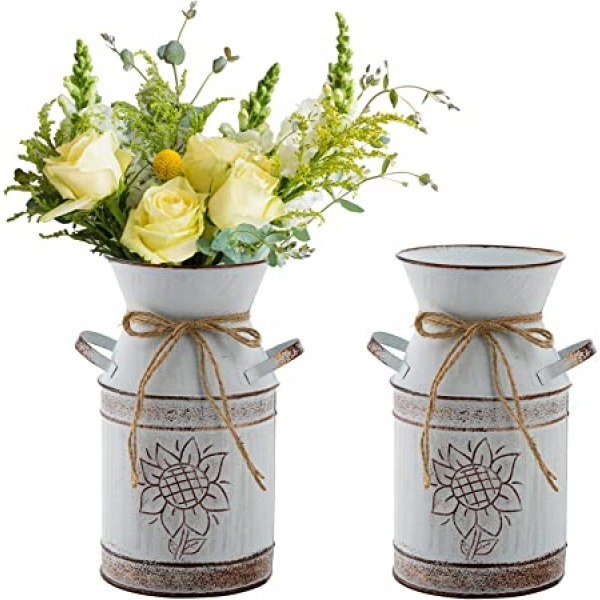 TOPZEA 2 Pack Shabby Chic Milk Can Vase, Galvanized Metal Milk Can Vase Rustic Flower Vase Decorative Milk Jug Bottle for Flower, Farmhouse Home Decor for Living Room, Bedroom, Office, Wedding