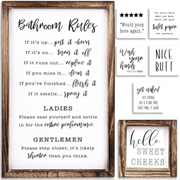 KIBAGA Farmhouse Bathroom Wall Decor Set of 2 - Funny Bathroom Signs with Rules and 8 Interchangeable Sayings - Rustic Farmhouse Accessories are Perfect to Beautify Your Restroom