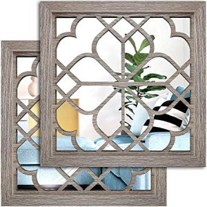 Wocred 2 PCS Square Wall Mirror,Gorgeous Rustic Farmhouse Accent Mirror,Barn Wood Color Entry Mirror for Bathroom Renovation,Bedrooms,Living Rooms and More(12?x12?)