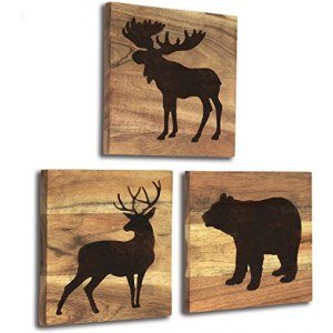 Home Rustique Real Wood Cabin Decor with Bear, Deer and Moose - Woodland Rustic Wall Decoration for Home, Log Cabin, Hunting or Mountain Lodge, Wooden Pictures Animal Theme Decor