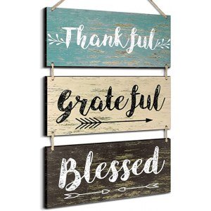 Jetec 3 Pieces Rustic Wooden Board Wall Decor Hanging Signs Decor Thankful Grateful Blessed Wooden Plaque Farmhouse Wall Signs for Living Room Bedroom Bathroom, 11.8 x 6 Inch