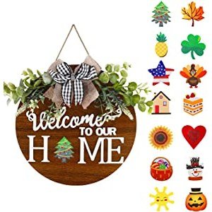 Interchangeable Welcome Sign For Front Door Porch Wreaths 13? Vertical Rustic Round Wooden Door Home Decorations Wall Farmhouse Hangers Housewarming Gift for Front Porch Home Decor Home Sign Brown