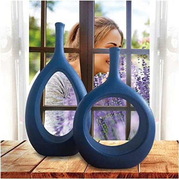 Matt blue ceramics vase, Thin stem vase for Home Decor, Set of 2 Elegant Decorative Vase for bookshelves, Side table, Mantel, Fireplace, Kitchen, Living Room Decoration
