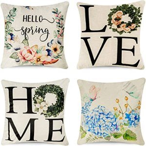 joyhalo 4 Pack Random Spring Pillow Covers 18 x 18 Inches for Spring Decorations Farmhouse Floral Wreath Bicycle Butterfly Decorative Throw Pillow Covers for Spring Home Decor