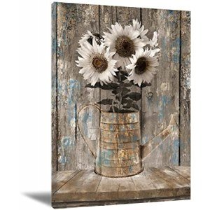 Rustic Farmhouse Sunflowers Wall Art Flowers Painting Country White Canvas Wall Art Prints Wood Board Artwork Picture Canvas Painting Home Decor For Bedroom Living Room 16X24 inch Frameless