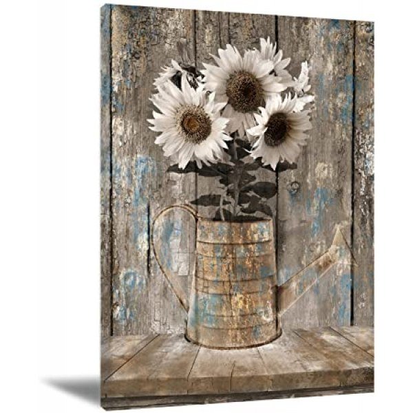 Rustic Farmhouse Sunflowers Wall Art Flowers Painting Country White Canvas Wall Art Prints Wood Board Artwork Picture Canvas Painting Home Decor For Bedroom Living Room 16X24 inch Frameless