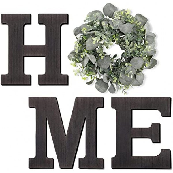 Whonline Wooden Home Sign Wall Decor Home Hanging Letters with Artificial Wreath for Wall Living Room Entryway Housewarming