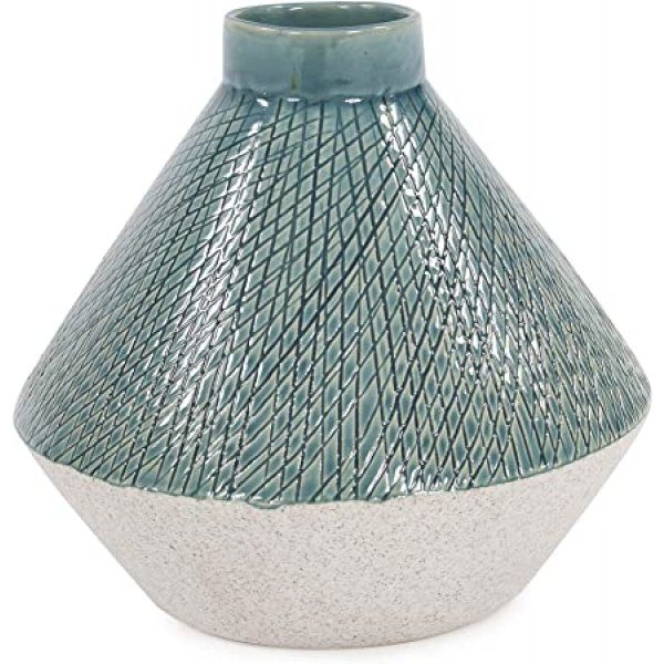 Howard Elliot Hatched Ceramic Angled Vase, Textured Sea Blue, Elegant Rustic Modern Decorative Ceramic Flower Vase Home or Wedding Centerpiece, Bookshelf D?cor, Perfect Gift, 8.25W x 8.25D x 8H