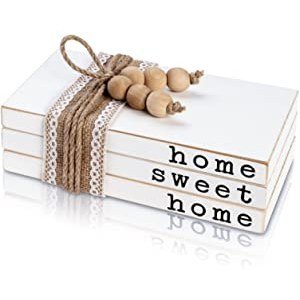 Wooden Decorative Books for Your Home Sweet Home - Farmhouse Book Decor for Fireplace Mantle - Stack of 3 Faux Books for Decoration - Fake Decor Books for Coffee Table, Rustic Bookshelf or Entryway