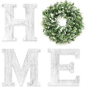 HnJOY White Rustic Home Sign for Living Room - Decorative Wreaths for Home - Wooden Home Letters for Wall Decor with Artificial Eucalyptus - Farmhouse Family Sign with Wreath