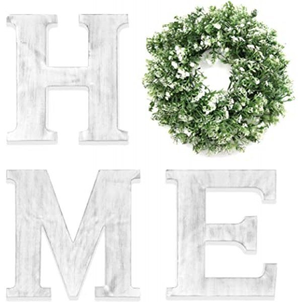 HnJOY White Rustic Home Sign for Living Room - Decorative Wreaths for Home - Wooden Home Letters for Wall Decor with Artificial Eucalyptus - Farmhouse Family Sign with Wreath