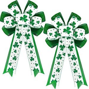 2Pcs Shamrock St. Patrick's Day Wreath Bow Decorations-12x18 Large Green Glitter Clovers Shamrocks Flax Bowknot Irish Ornaments Hanging St Patricks Day Door Wall Bows for Front Home Window Party Decor