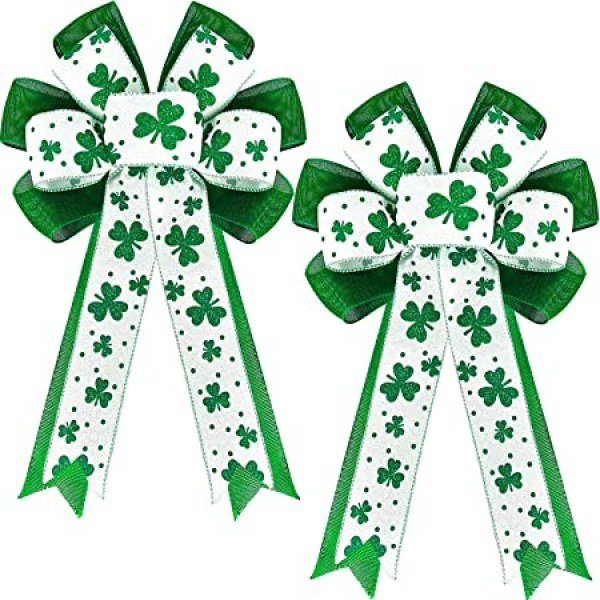 2Pcs Shamrock St. Patrick's Day Wreath Bow Decorations-12x18 Large Green Glitter Clovers Shamrocks Flax Bowknot Irish Ornaments Hanging St Patricks Day Door Wall Bows for Front Home Window Party Decor