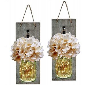 HABOM Rustic Mason Jar Wall Decor Sconces - Decorative Home Lighted Country House Hanging with LED Fairy Strip Lights and Flowers Hydrangea Farmhouse Sconce Jars (Set of 2)