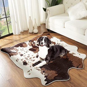 FALARK Fluffy Cow Print Rug Faux Cowhide Rugs for Living Room Bedroom, Cute Animal Print Carpet Western Home Decor Mat, Upgraded Luxury Area Rug Soft Cow Skin Rugs, Brown and White, 4.6ft x 5.2ft