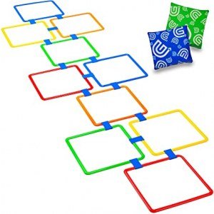 GETMOVIN SPORTS Hopscotch Squares Set with 2 Premium Beanbags Giant Sized 15 Inch Squares with 15 Connectors for Indoor/Outdoor Portable Fun Conditioning Agility Training