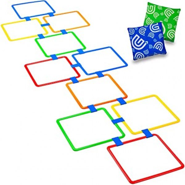 GETMOVIN SPORTS Hopscotch Squares Set with 2 Premium Beanbags Giant Sized 15 Inch Squares with 15 Connectors for Indoor/Outdoor Portable Fun Conditioning Agility Training