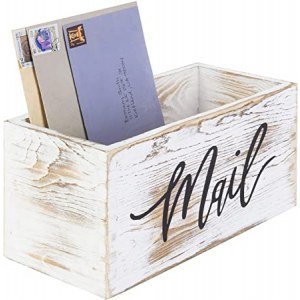 MyGift Whitewashed Wood Tabletop Decorative Mail Holder Storage Box with Letter Word Script Design