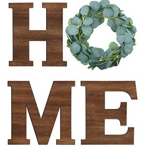Wooden Home Sign Decorative Wooden Letters with Wreath Rustic Wall Hanging Wooden Home Sign Wall Decor Signs with Artificial Eucalyptus for Home Decor Living Room House, 9.8 x 8.5 Inch (Brown)