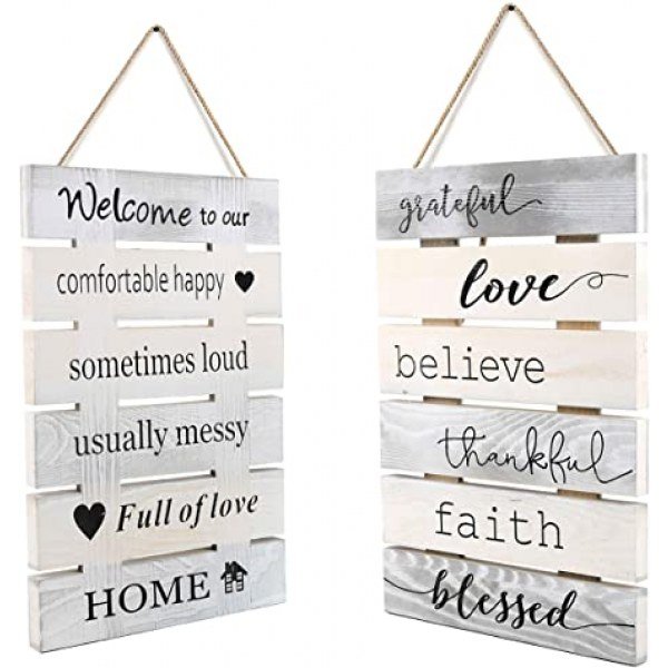 8X10 Inch Antique Solid Wooden 2 Sides Printing Inspirational Home Kitchen Farmhouse Wall Decor Signs-Welcome to Our House Faith Love Quotes Signs